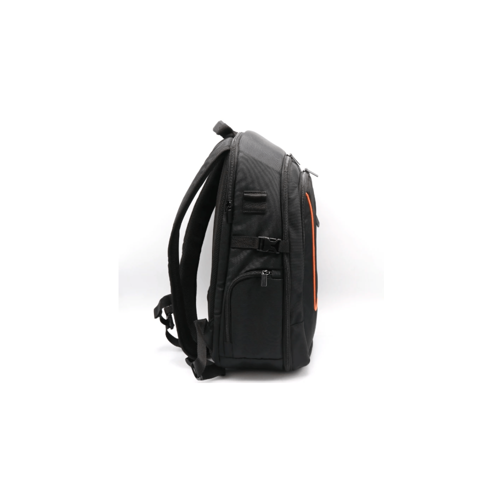 Black backpack with orange accents, side view.