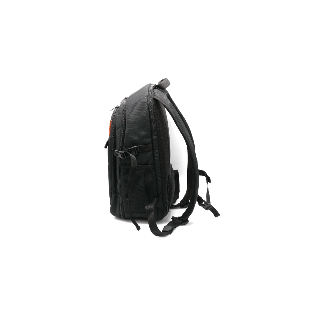 Black backpack with orange detail, side view, on a white background.