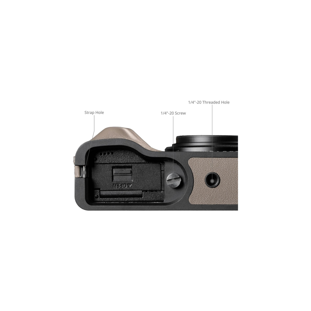 Close-up of a camera showing strap hole, 1/4"-20 screw, and 1/4"-20 threaded hole.