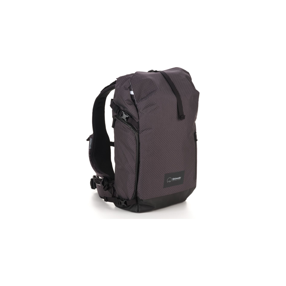 Gray backpack with black base and straps, on a white background.