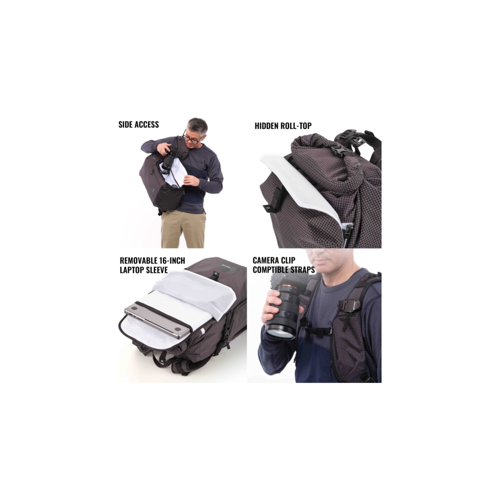 Man with backpack, side access, laptop sleeve, camera clip.