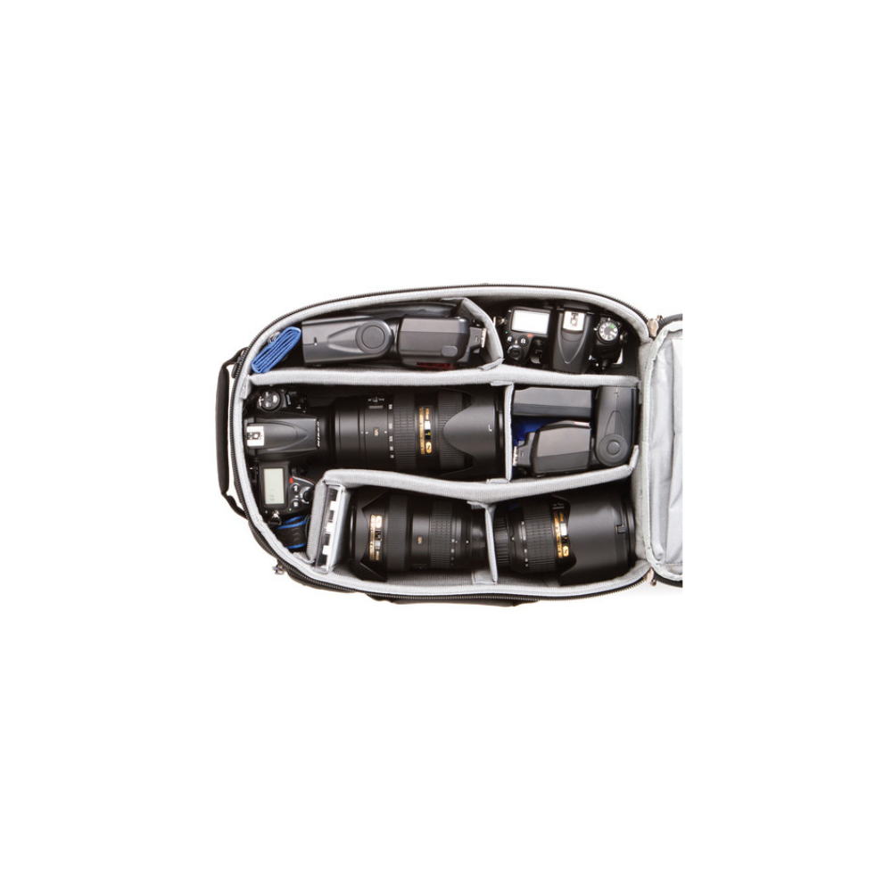 A camera bag with two lenses, cameras, and flashes, neatly organized inside.