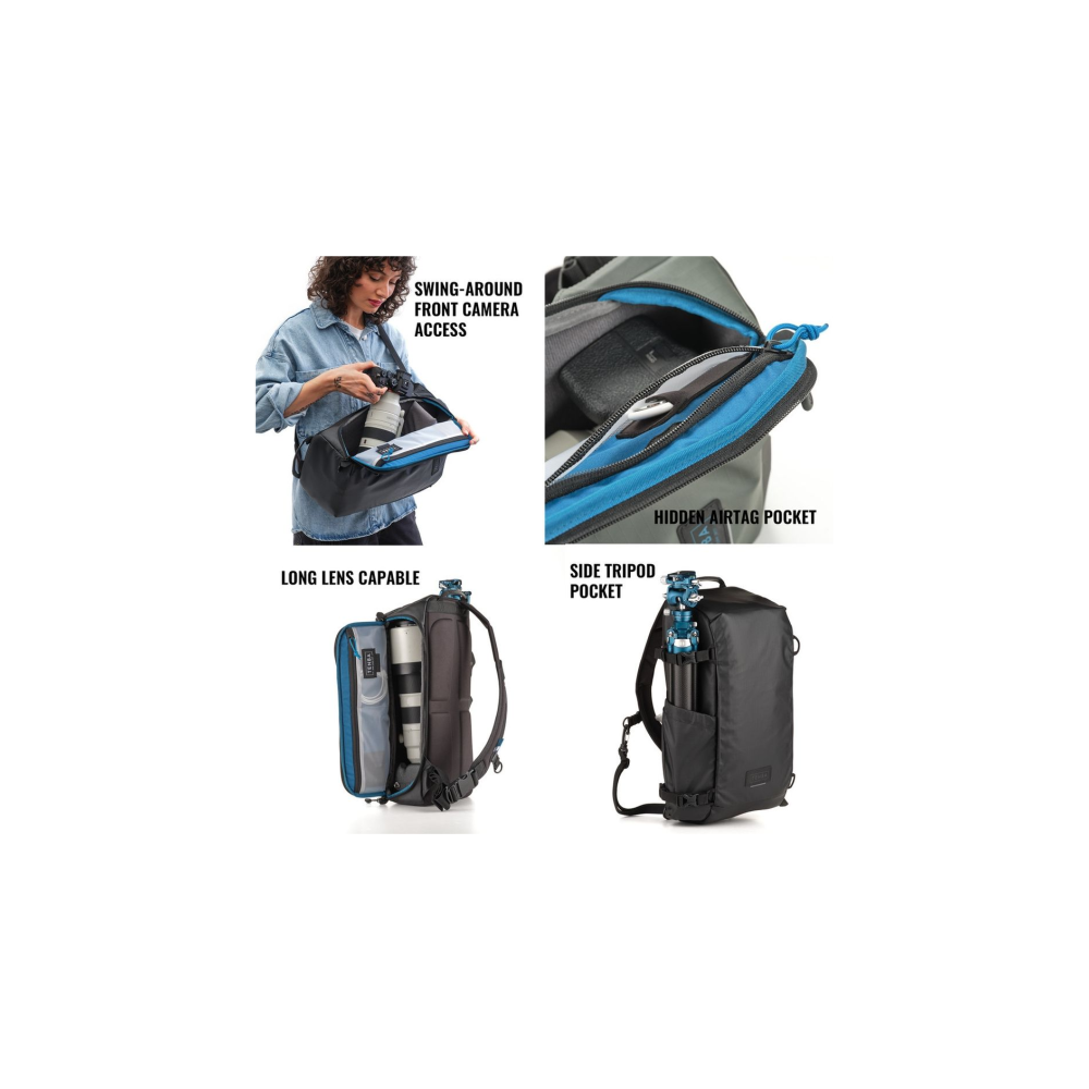 Four images of a camera bag: woman packing lens, interior pocket, bag with long lenses, side tripod pocket.