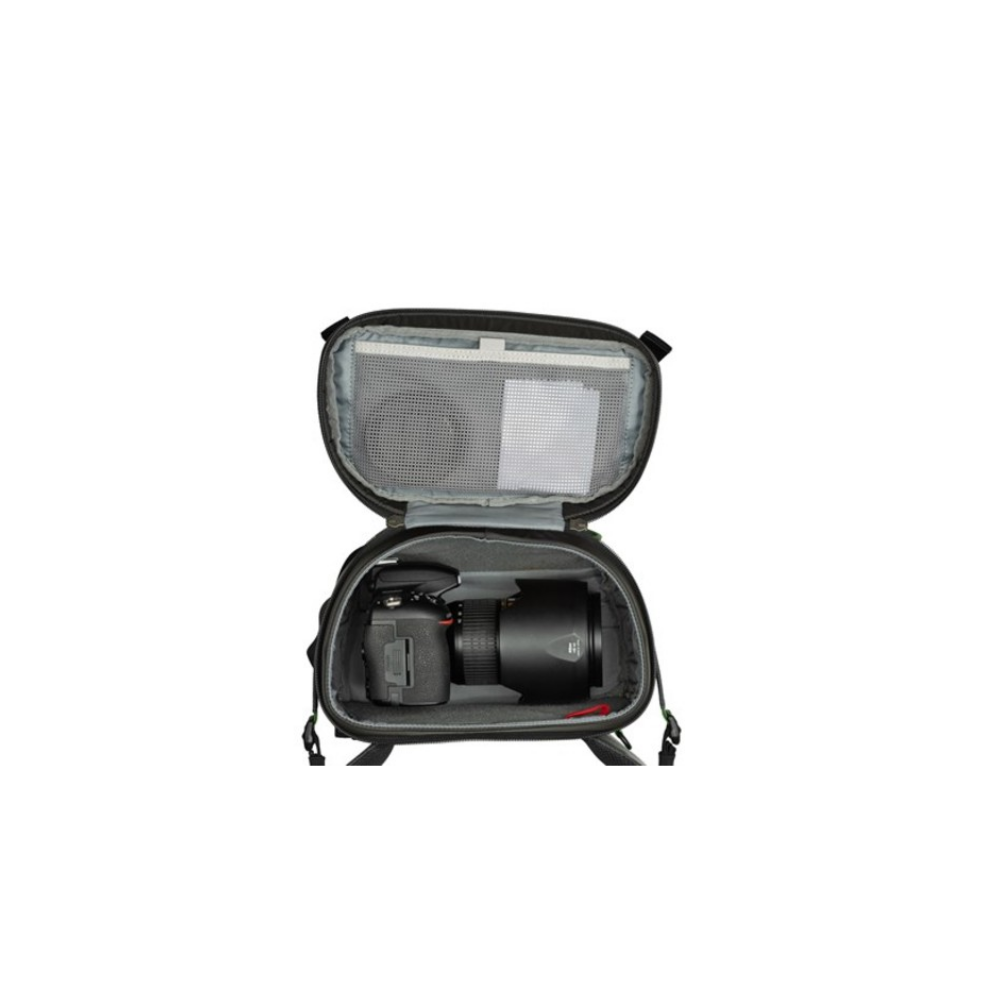 Open black camera bag with DSLR and lens inside. Mesh pocket on lid.