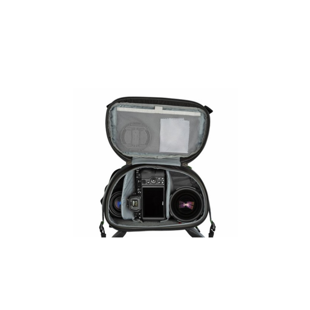 An open camera bag containing a camera and two lenses.