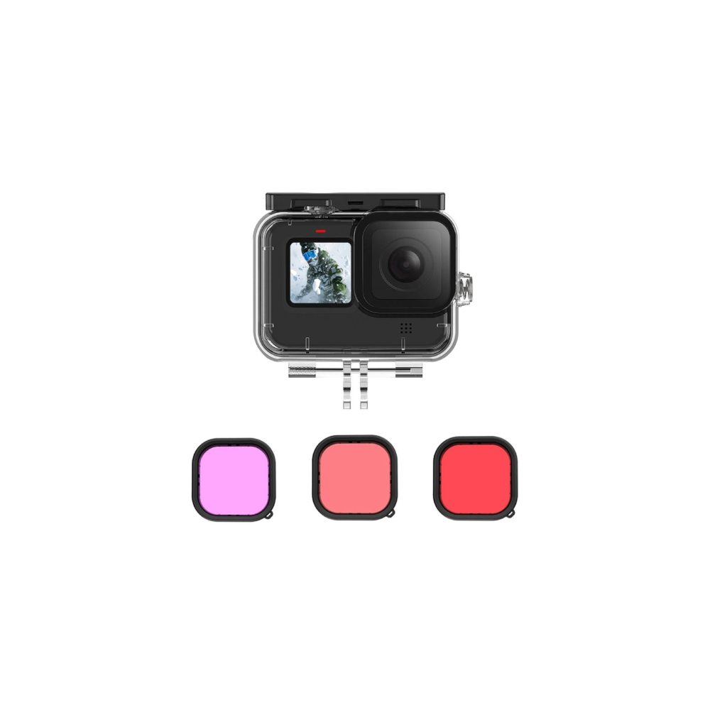 Actiecamera in waterdichte behuizing met drie gekleurde filters: roze, koraal en rood.