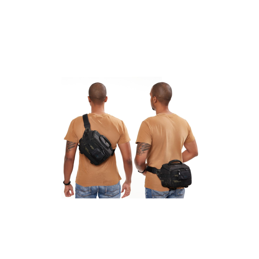 Two men wearing camouflage bags, one across chest, one on hip.