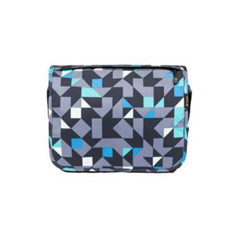 A messenger bag with a geometric pattern of gray, blue, and white triangles.