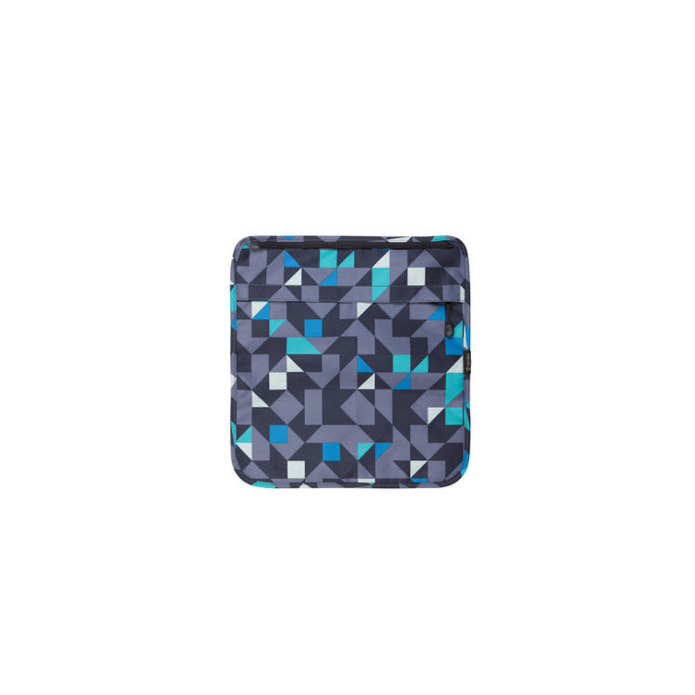 A bag with a geometric pattern in blue and gray with a zippered pocket.