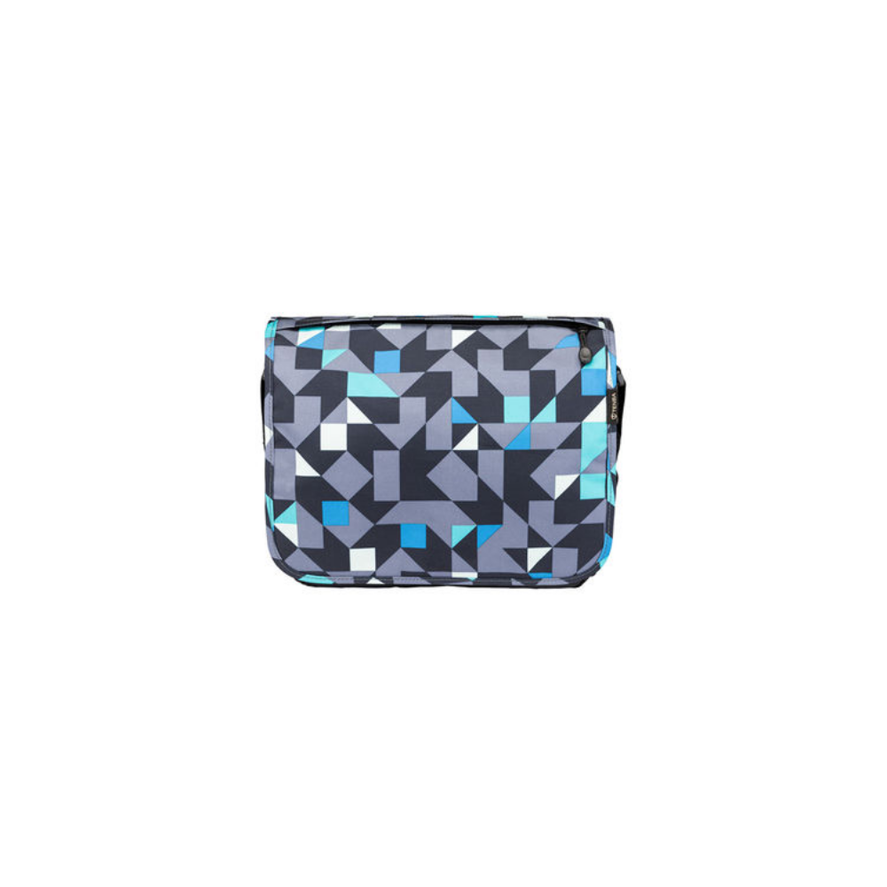 A bag with a geometric pattern in shades of grey, blue, and white.