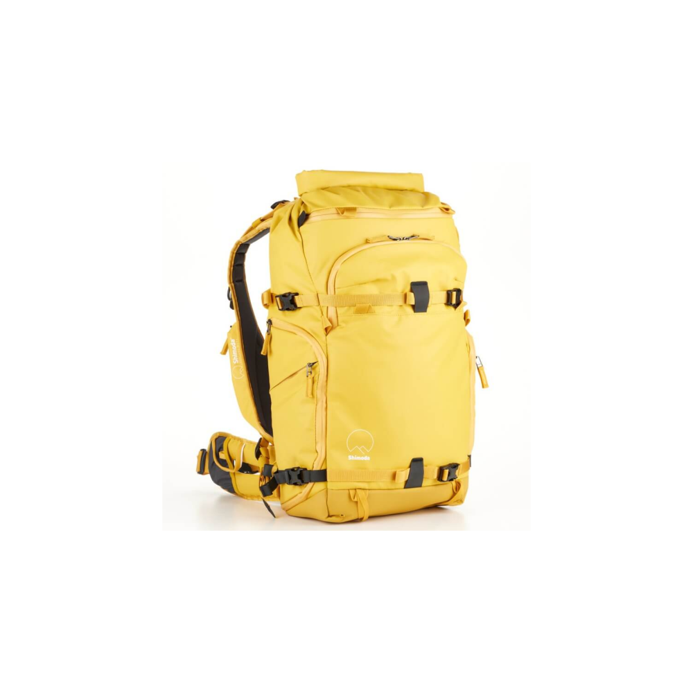 A yellow backpack with black buckles and straps, on a white background.
