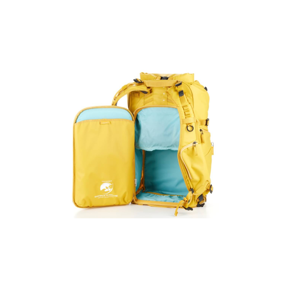 A yellow backpack with an open main compartment and a removable pouch.