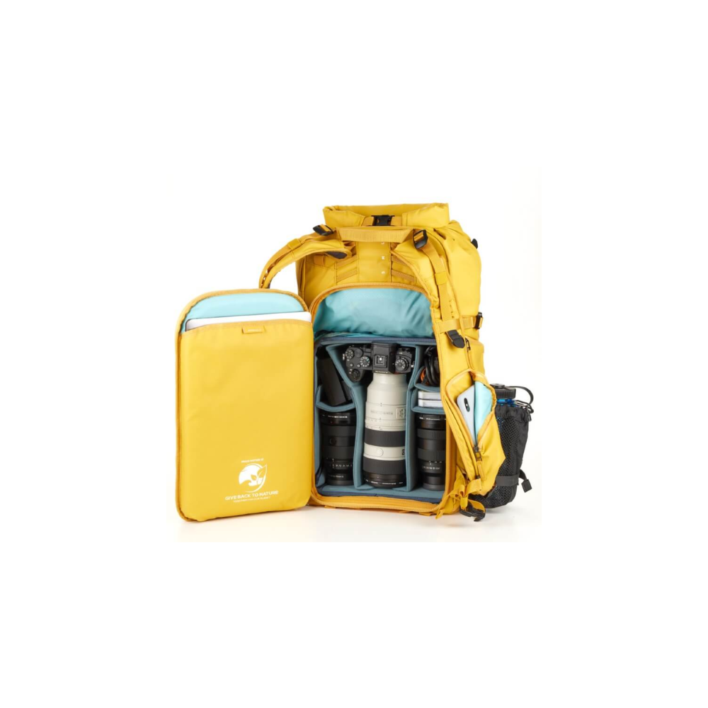 A yellow backpack with cameras and lenses, open.