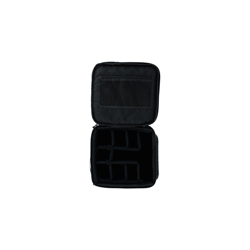 Open black bag with compartments and a mesh pocket.