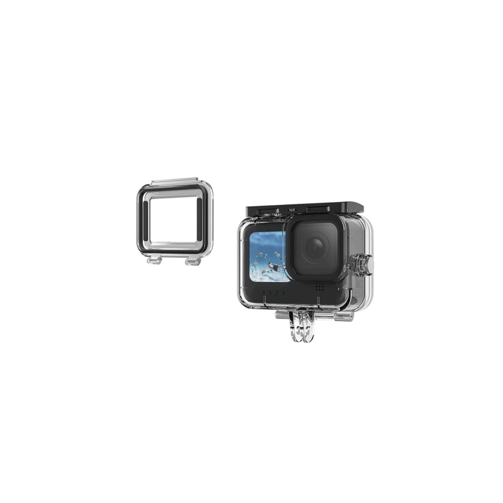 GoPro camera in a waterproof housing with a separate frame on a white background.