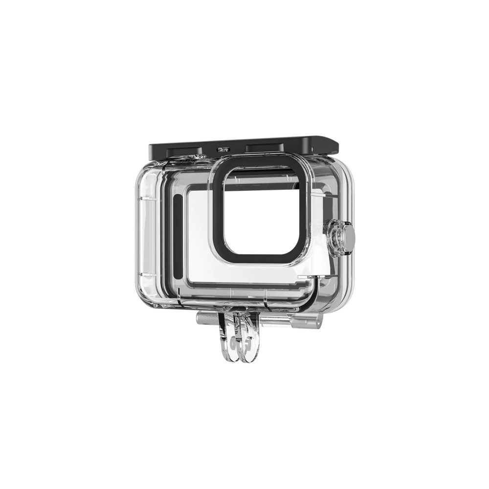 Transparent protective case for an action camera with a black closure mechanism.