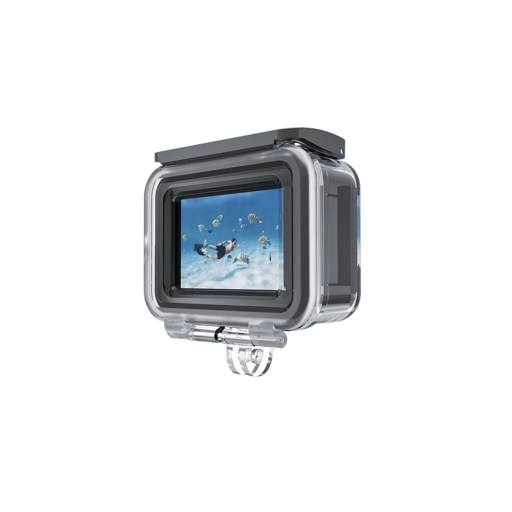 Waterproof case showing a diver and fish underwater.