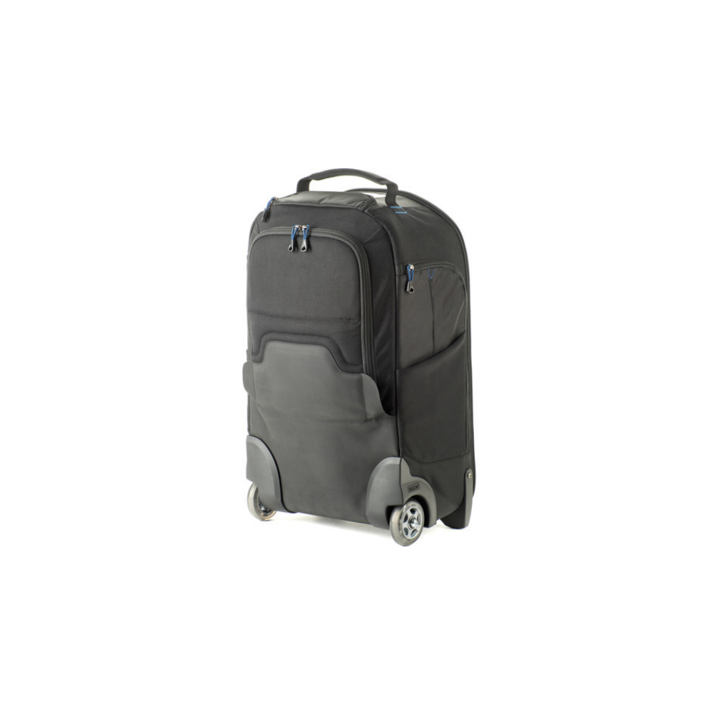 A black rolling suitcase with two wheels and a handle.