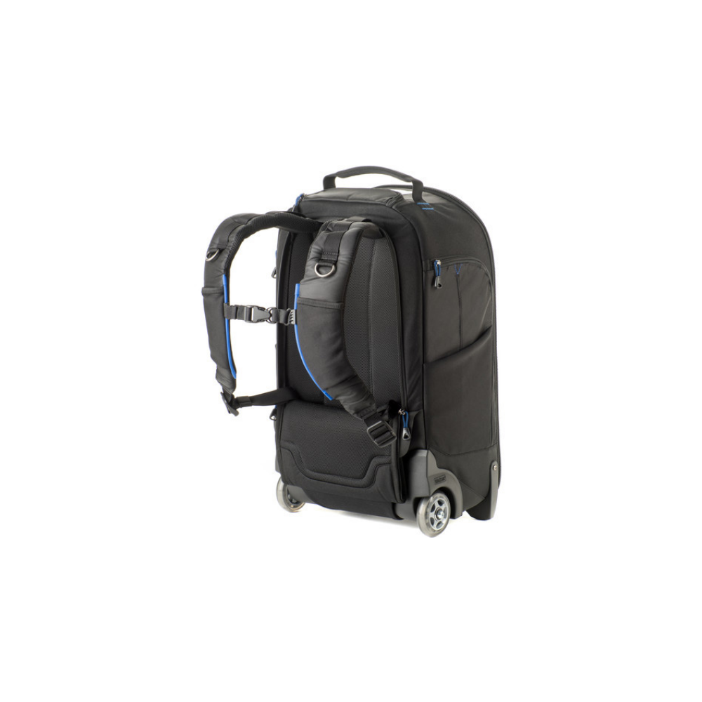Black rolling backpack with blue accents and padded shoulder straps. Features wheels.