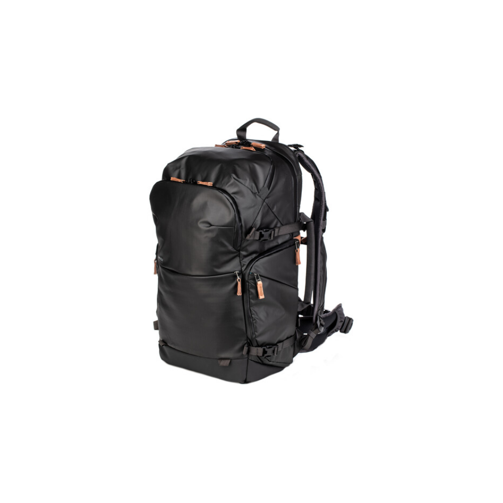 Black backpack with orange accents and straps, on a white background.