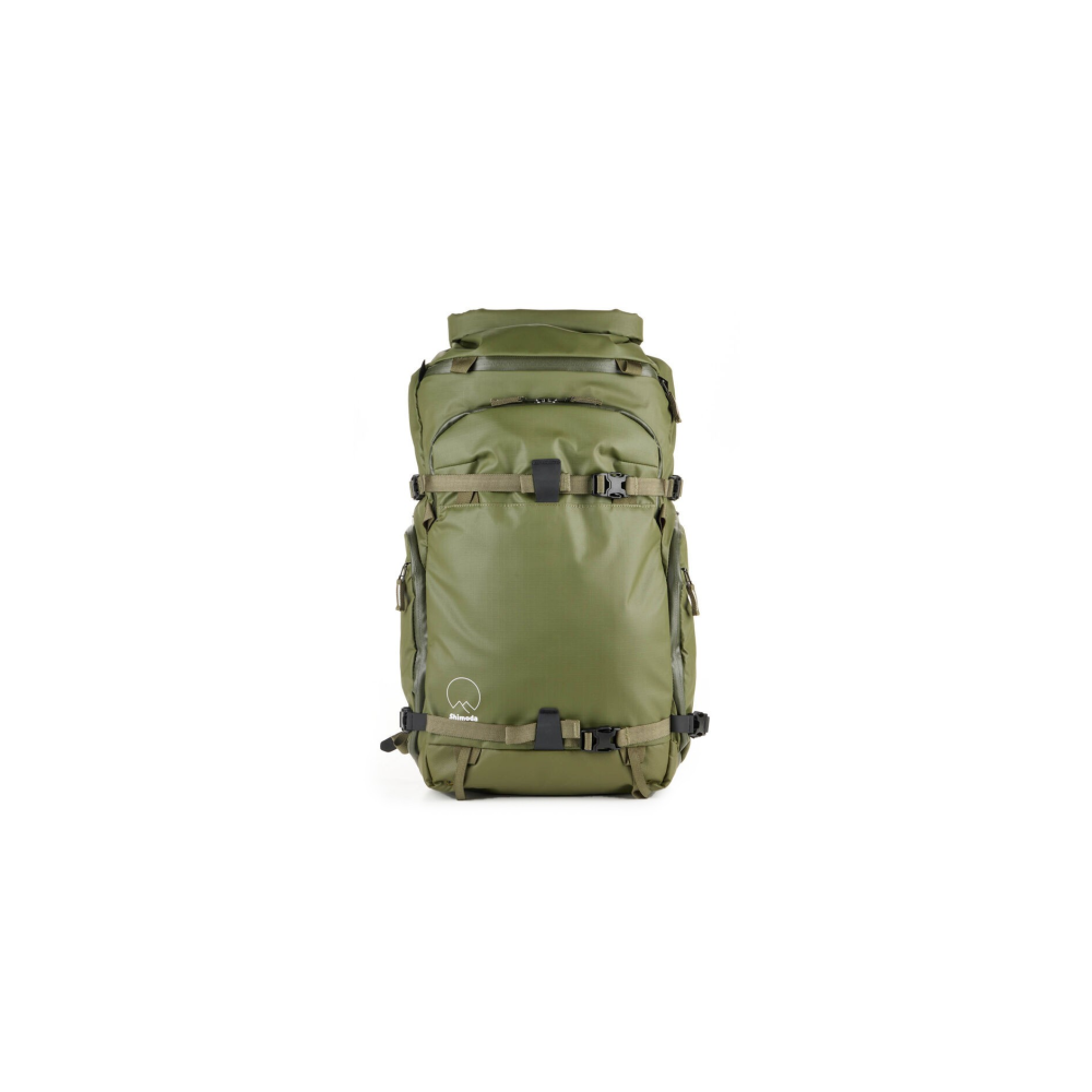 A green backpack with buckles and a logo on a white background.