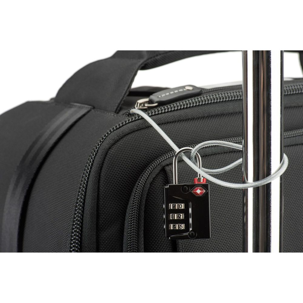 A black suitcase secured with a TSA combination lock attached to a metal handle.
