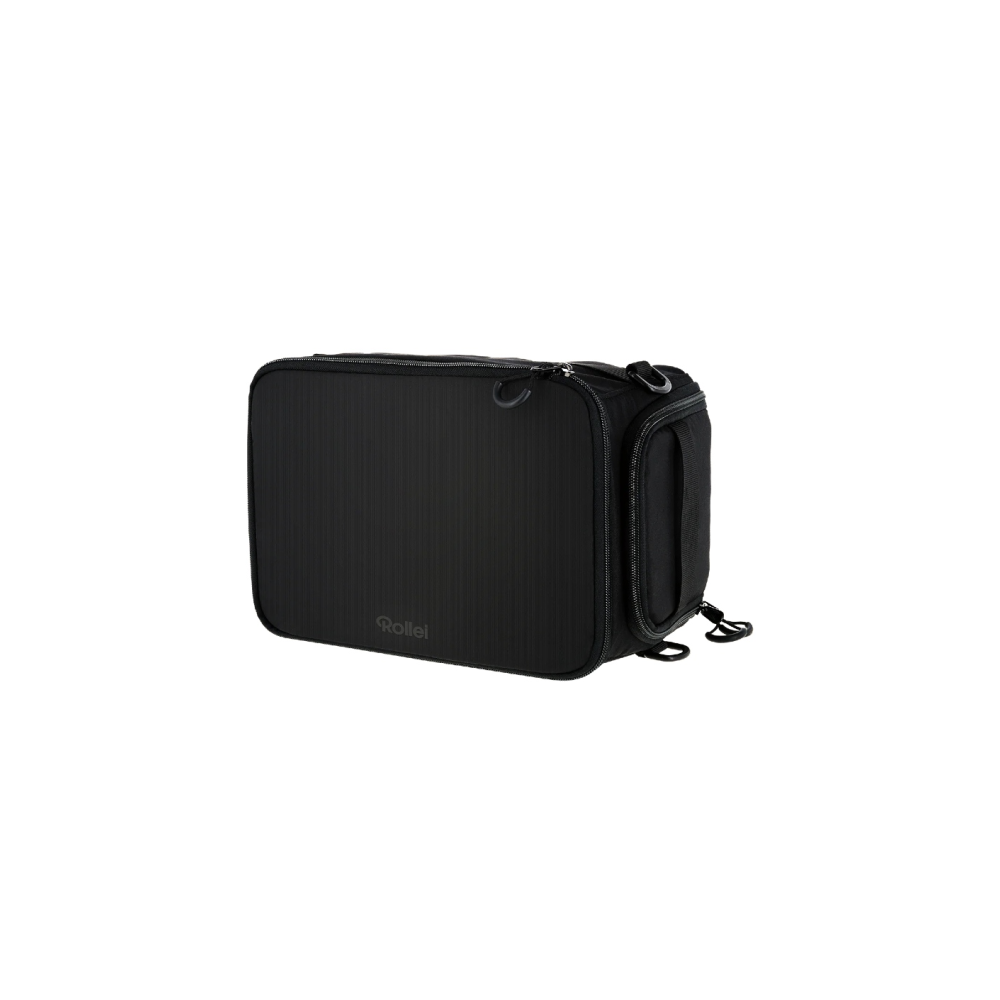 Black Rollei bag with zipper and handle, on a white background.