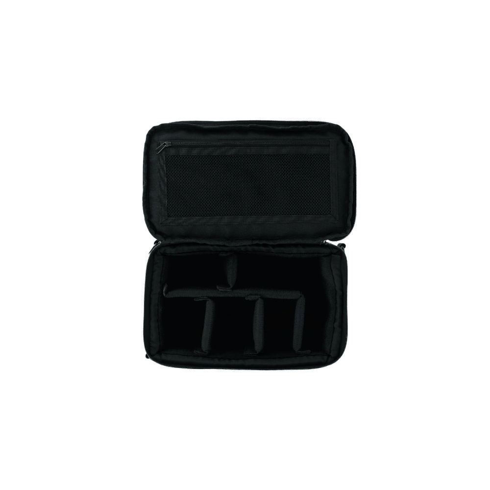Black camera bag with open lid and internal dividers.