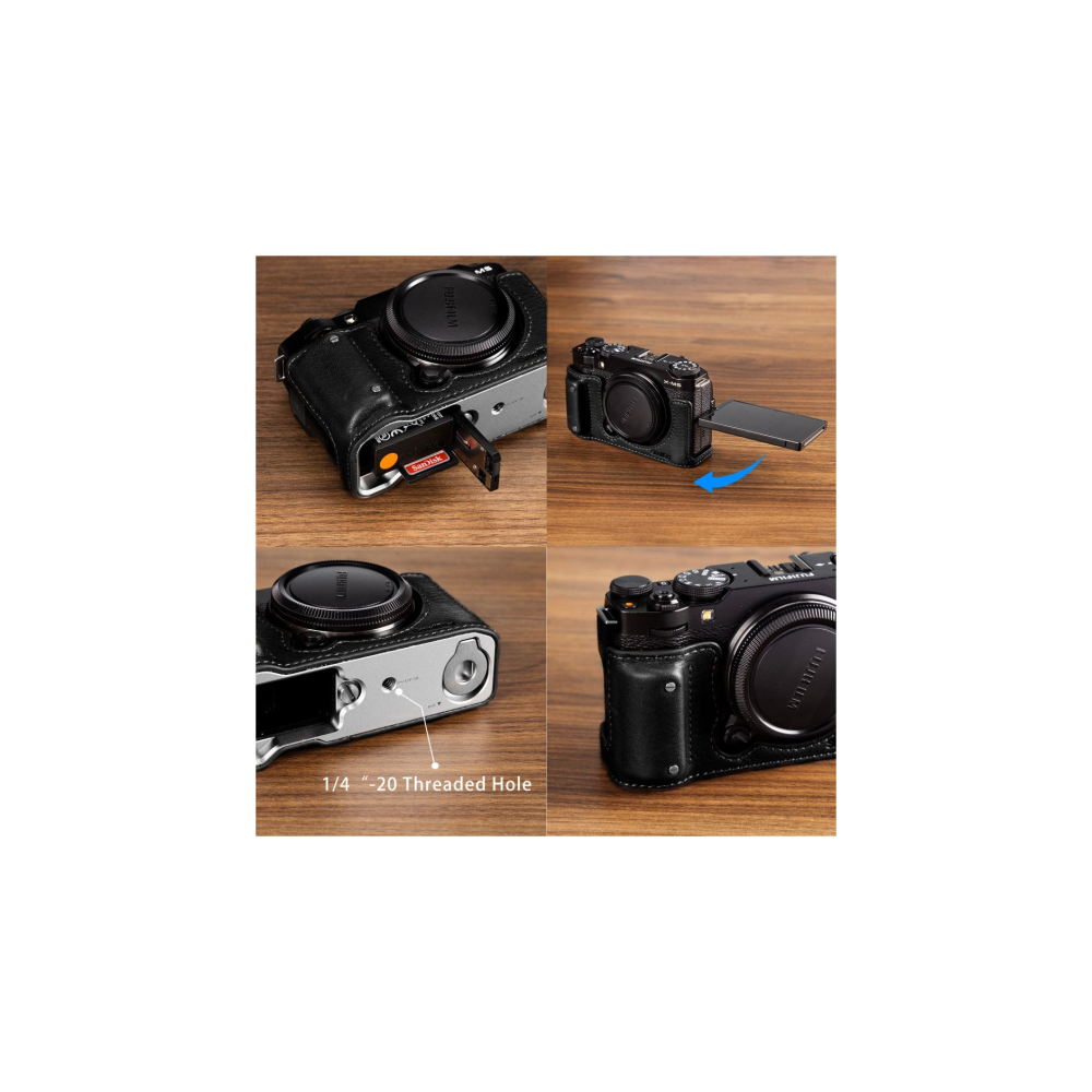 Four views of a black leather camera case, showing SD card and screen.