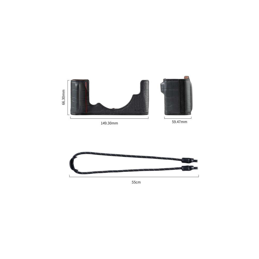 Black leather camera case with dimensions, and a black rope strap.