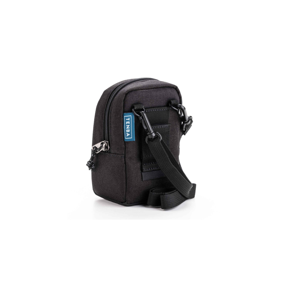 A small black bag with a strap and a blue tag labeled TENBA.