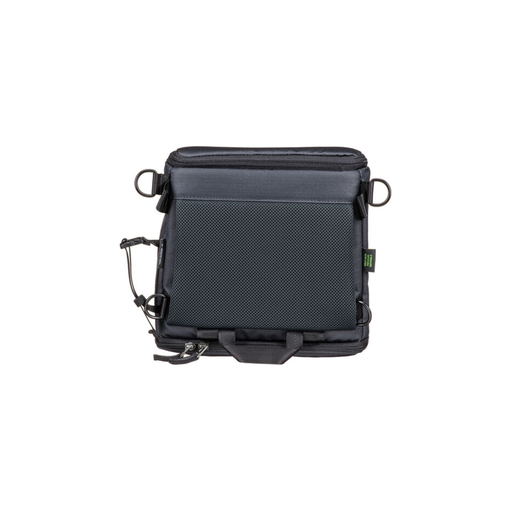 Dark grey bag with buckles and zipper, featuring a mesh back panel.