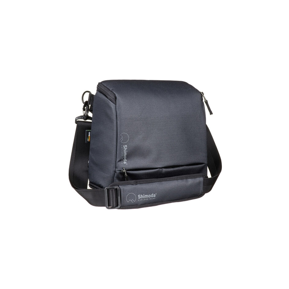 A dark messenger bag with a zipper and logo, shown on a white background.