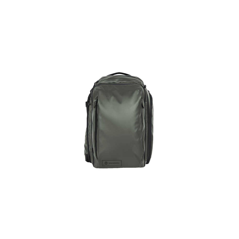 A dark green duffel bag with zippered pockets and a logo at the bottom.
