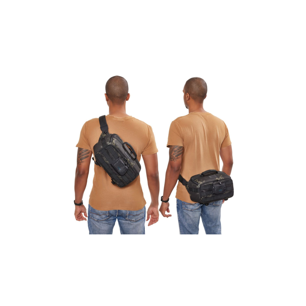 Man with camouflage sling bag and belt bag shown from back.