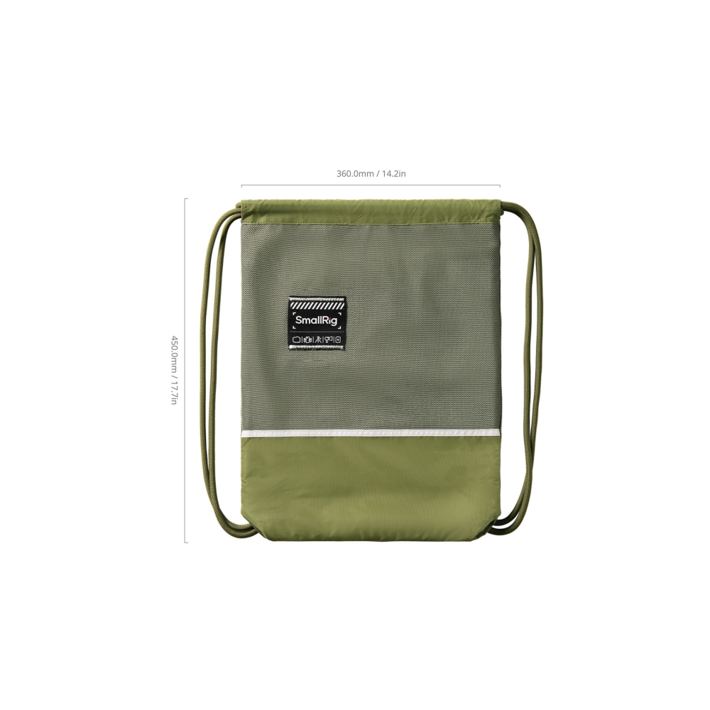 A green drawstring bag with a mesh top section and SmallRig logo. Dimensions: 36x45cm.
