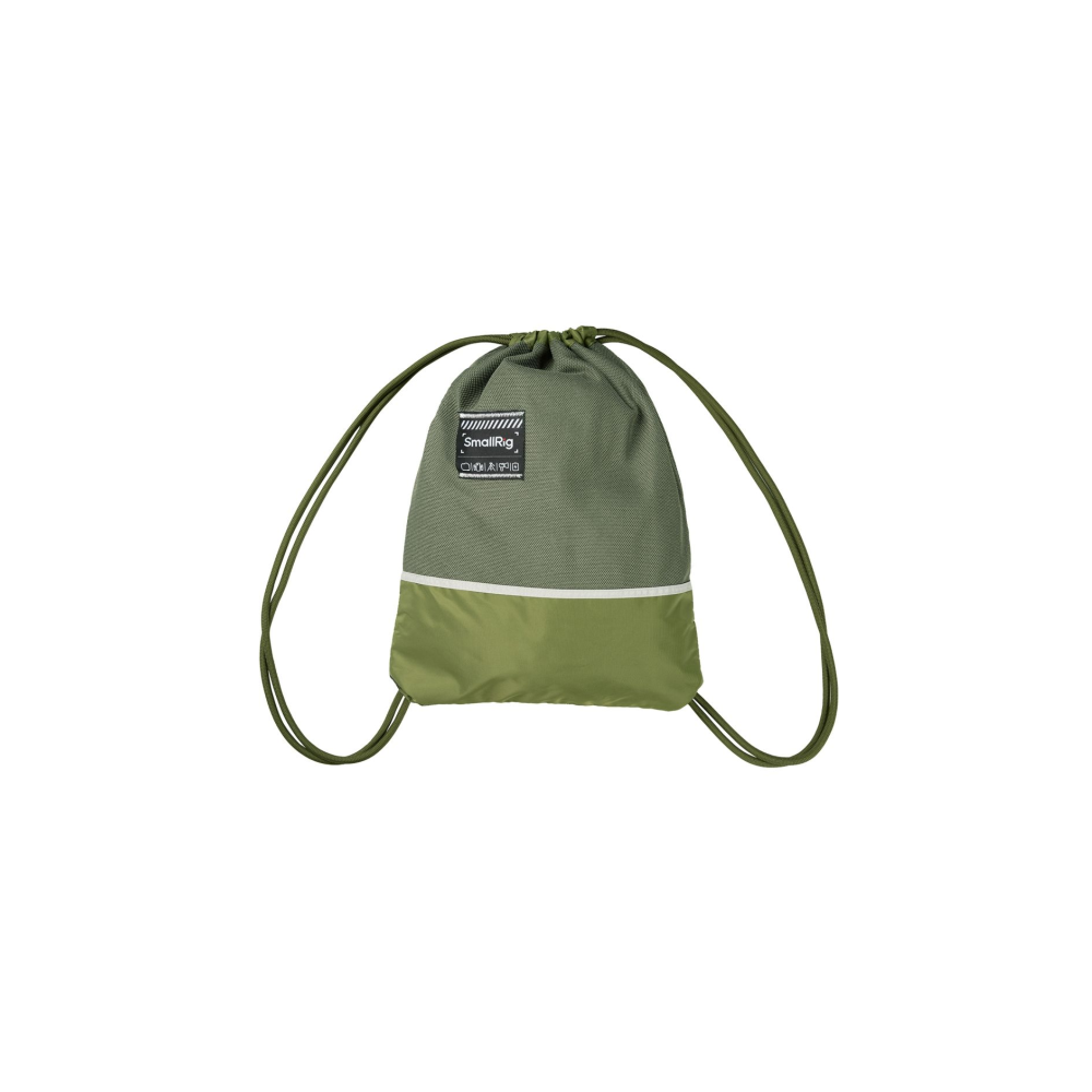 A green drawstring bag with two shoulder straps, a white stripe, and a logo.