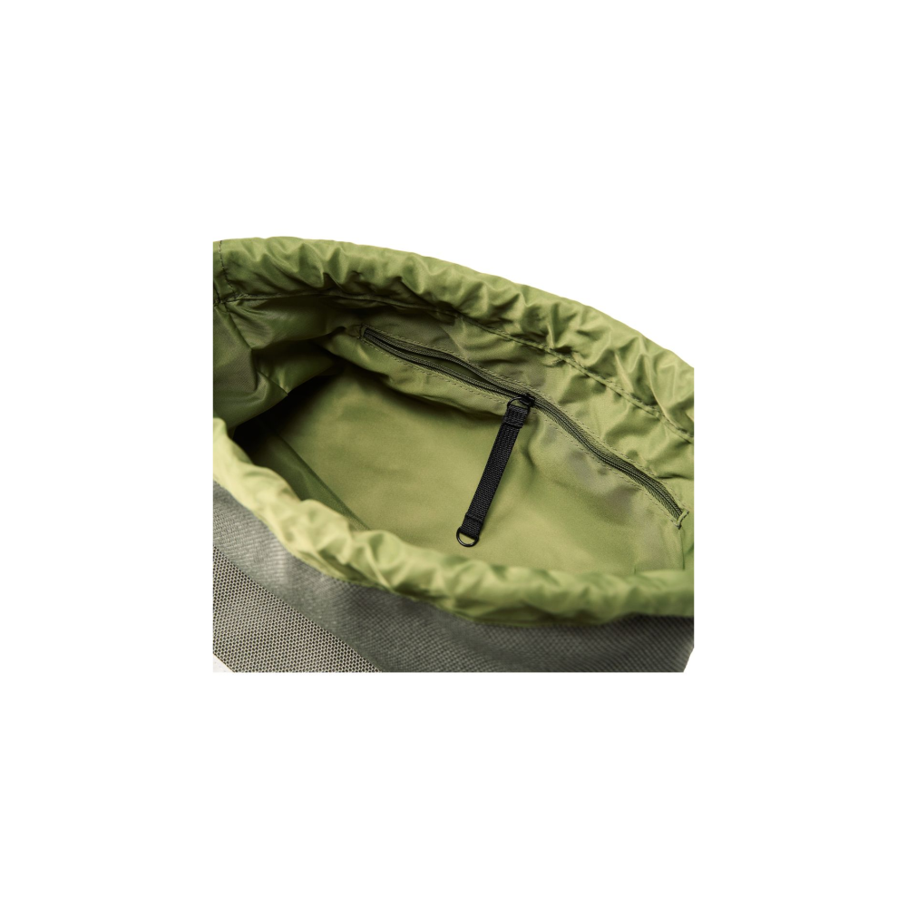 Green bag interior with a zippered pocket and drawstring closure.