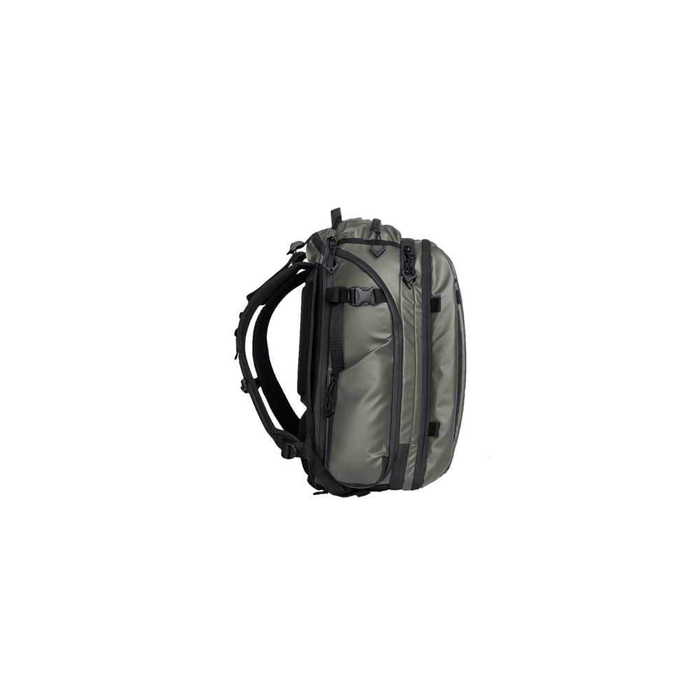 An olive green backpack with black straps and buckles, shown from the side.