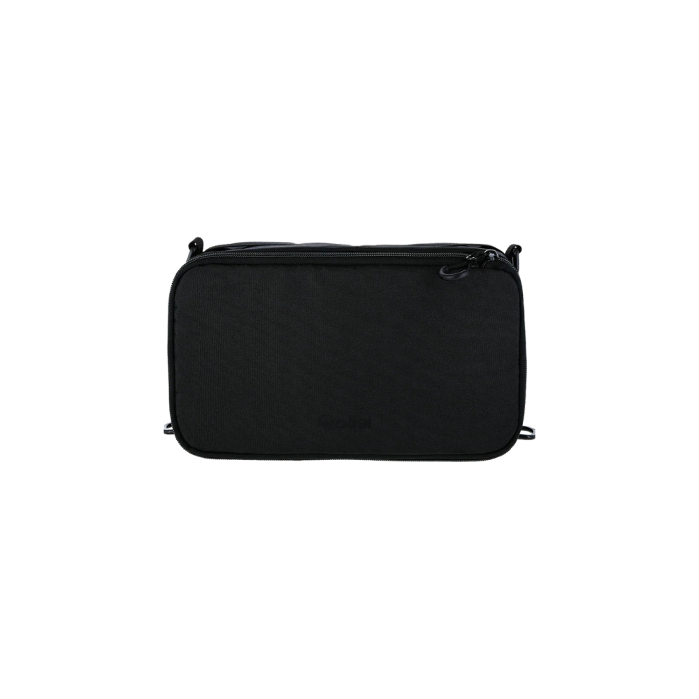 A black bag with a zipper and straps, isolated on a white background.