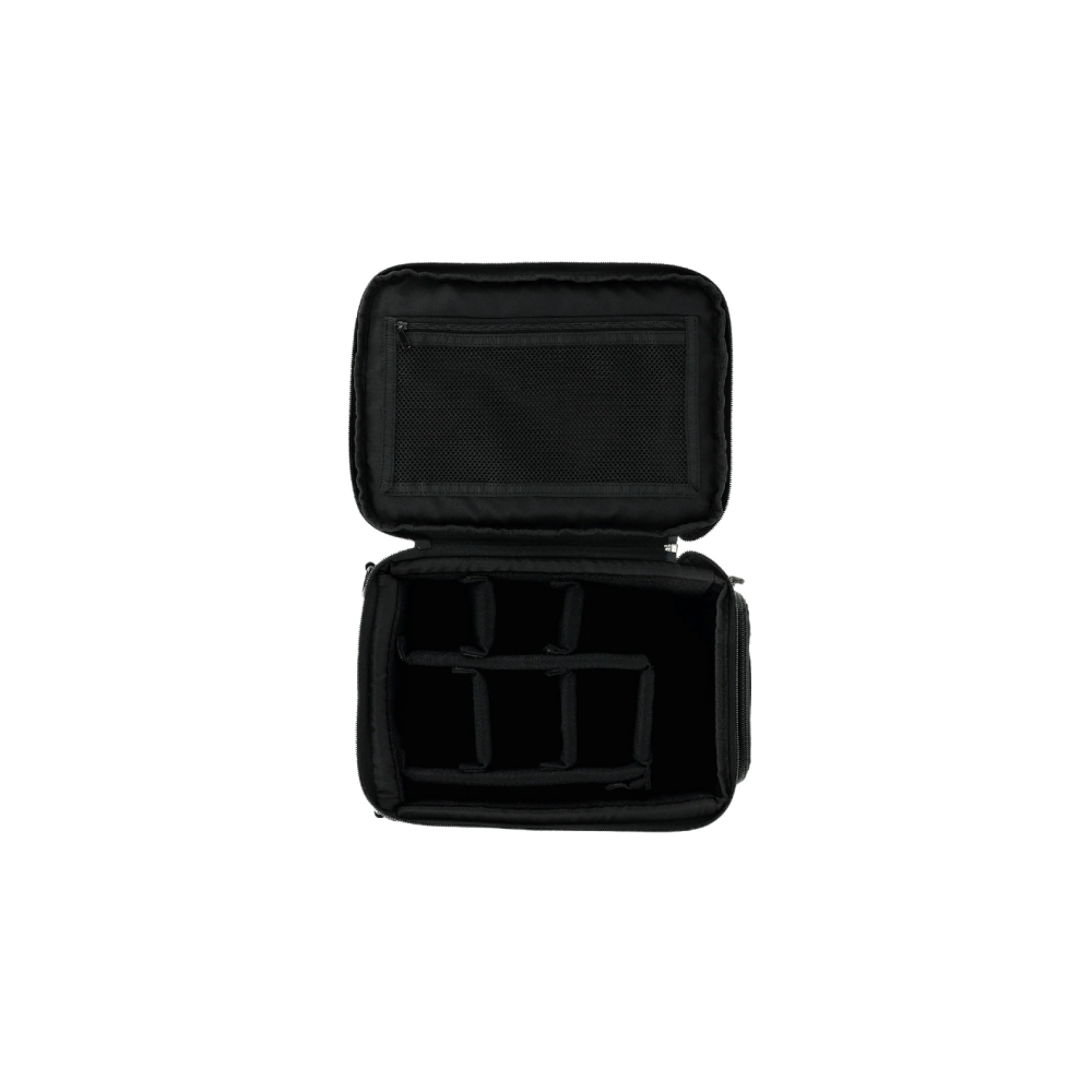 Black camera bag with open compartment and mesh pocket.