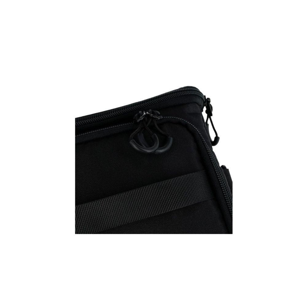 Close-up of a black bag with a zipper and strap.