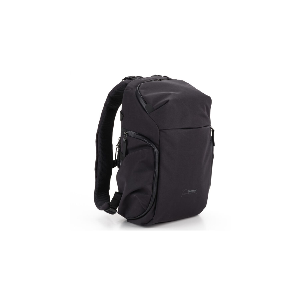 A black backpack with a zippered pocket and a logo on the front.