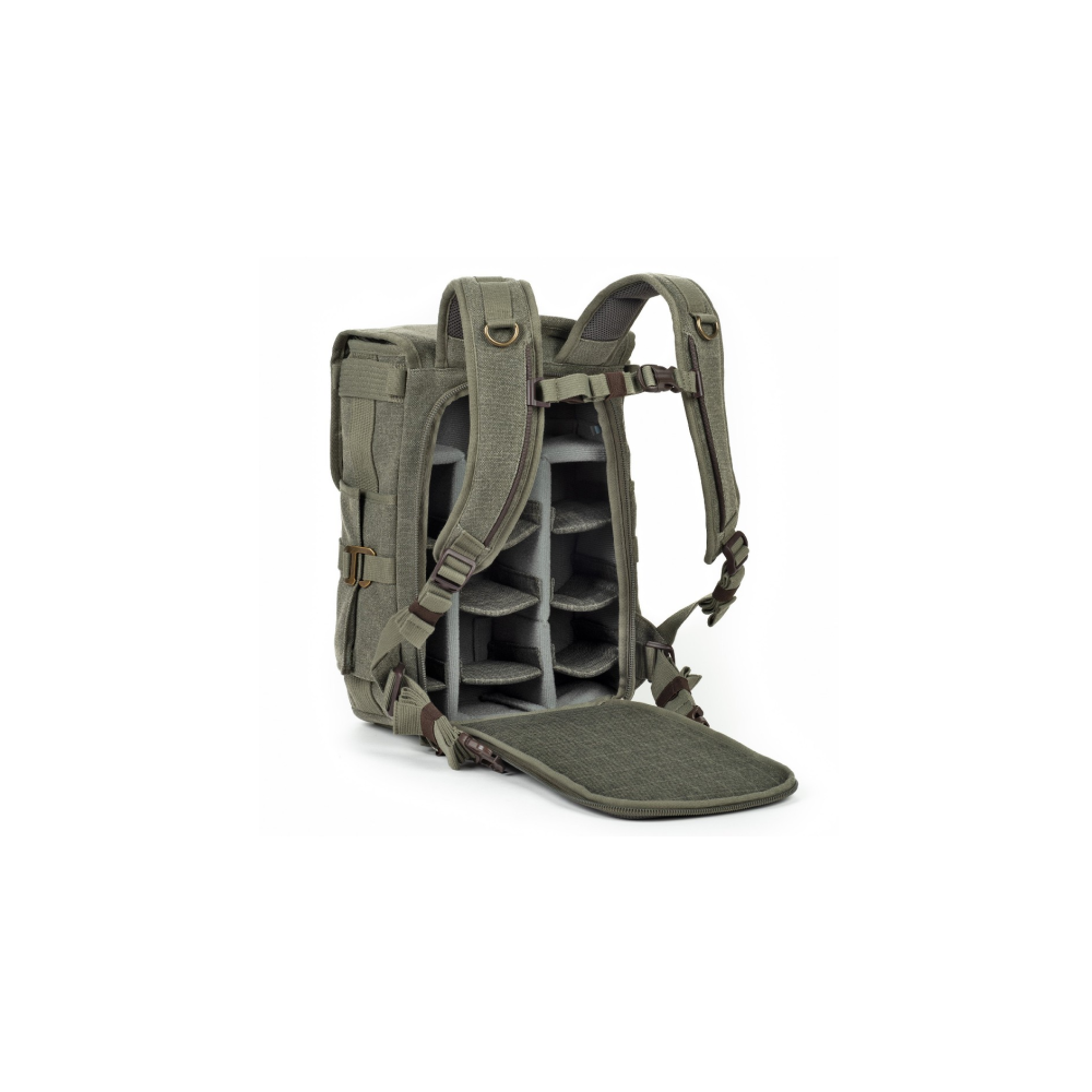 Green camera backpack with multiple compartments, open, on a white background.