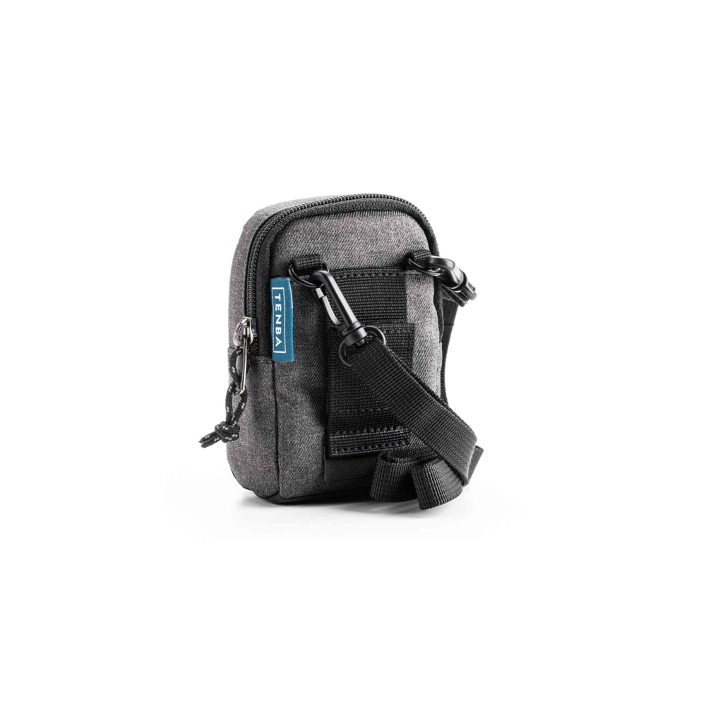 Small dark bag with zipper and strap, shown against a white background.