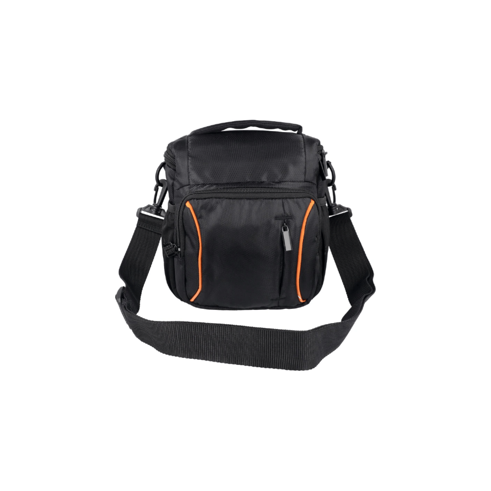A black shoulder bag with orange trim and an adjustable strap, shown on a white background.