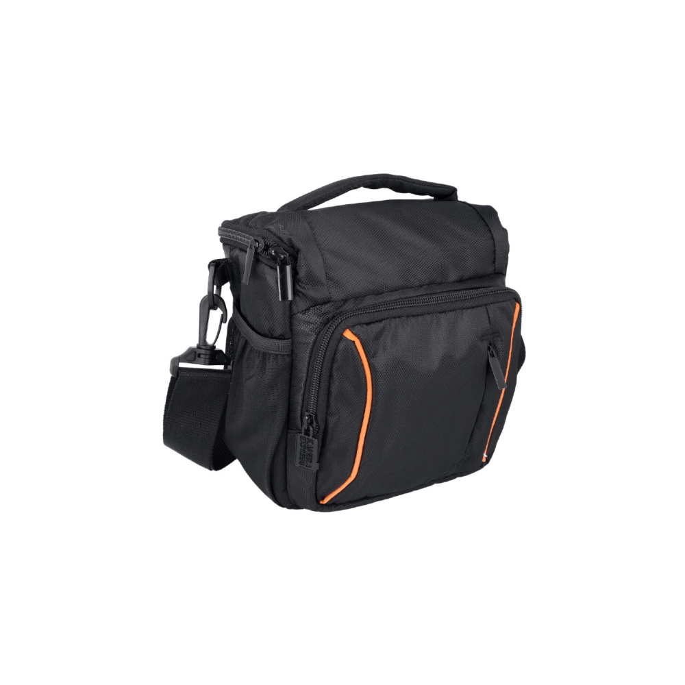 A black camera bag with orange accents and a shoulder strap.