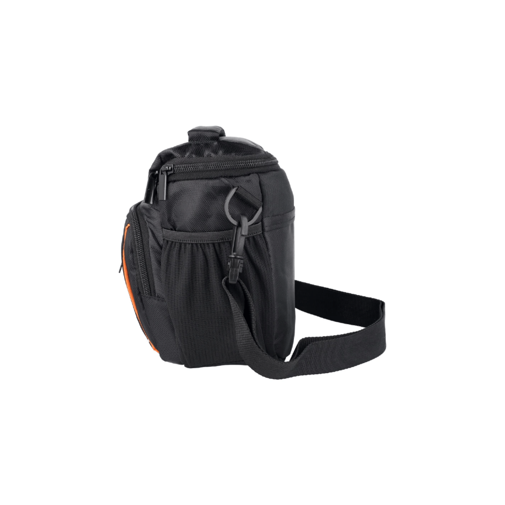 Black camera bag with orange accents and a shoulder strap.