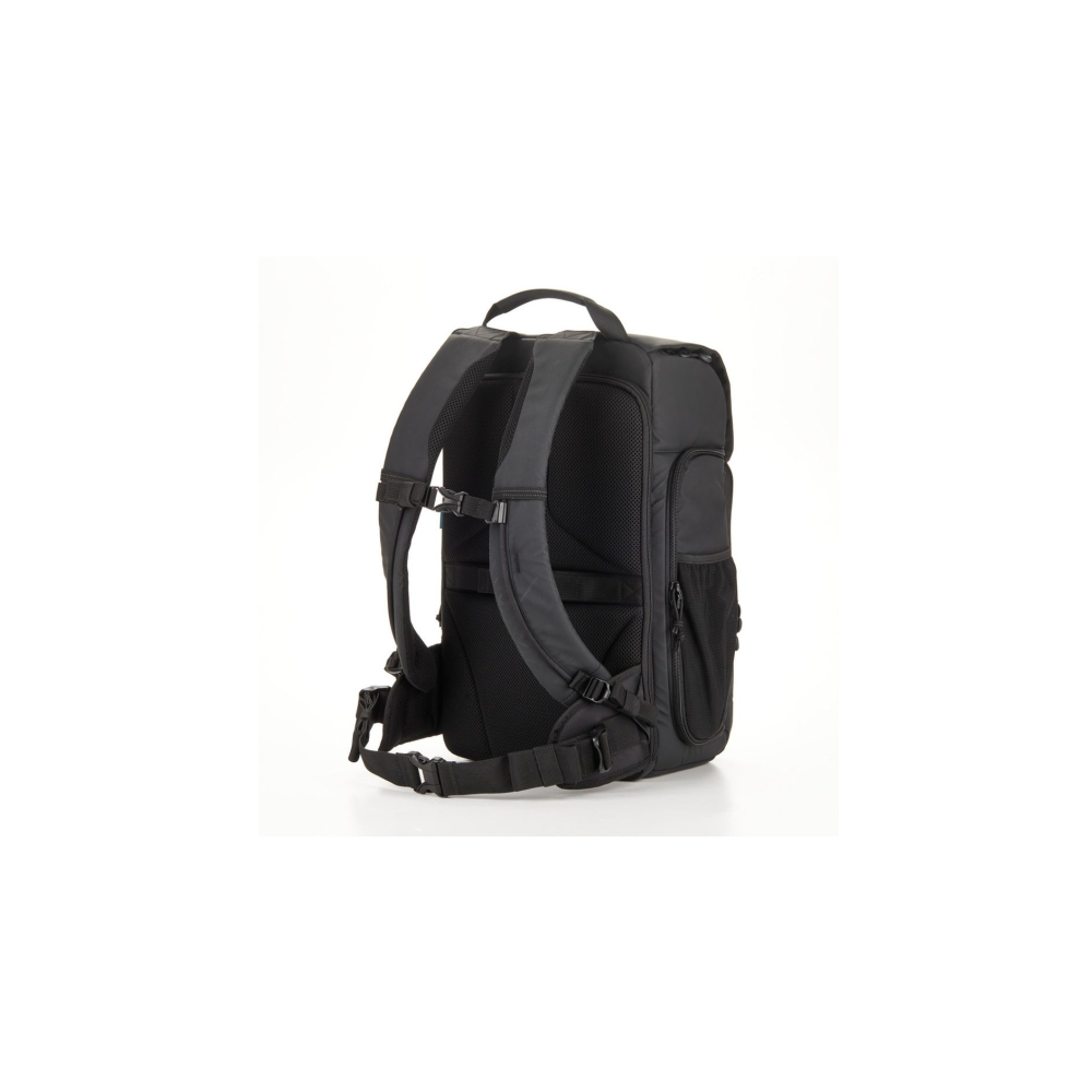 A black backpack with padded shoulder straps and mesh side pockets.