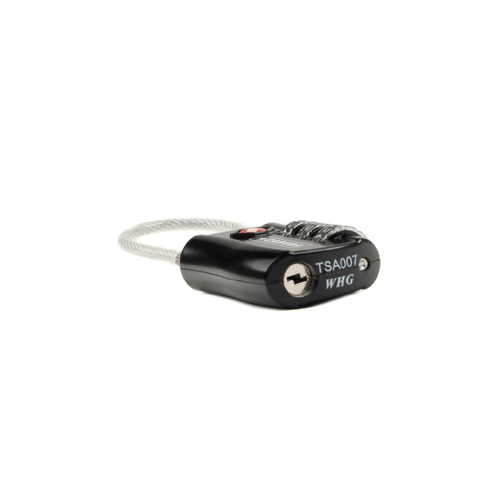 A black TSA combination lock with a silver cable on a white background.